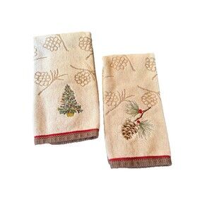 SKL Home Christmas Embroidered Bath & Hand Towel Set Of 2 Pine Cones Tree Cotton